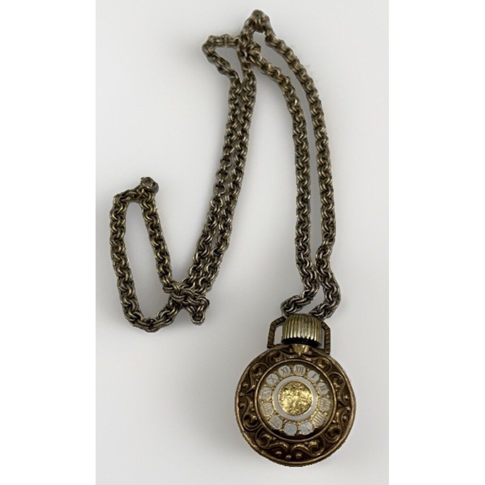 VItg Avon Perfume Bottle Necklace Clock Charn Long Gold Tone Chain Pre-owned 32"